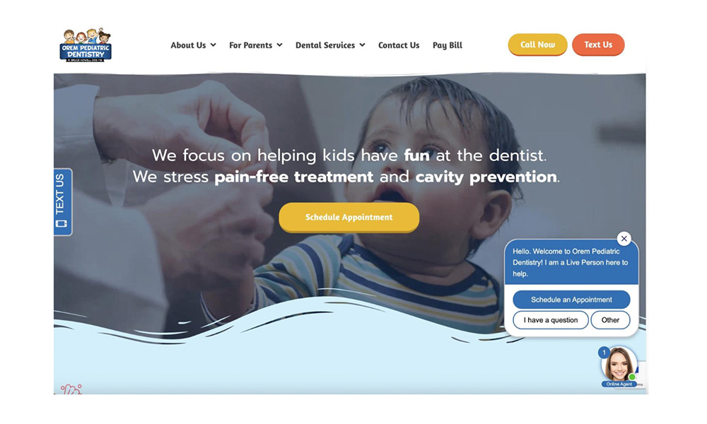 Screenshot of the Orem Pediatric Dentistry website homepage, showing a baby, the practice's child-friendly mission statement, navigation, and a live chat widget.