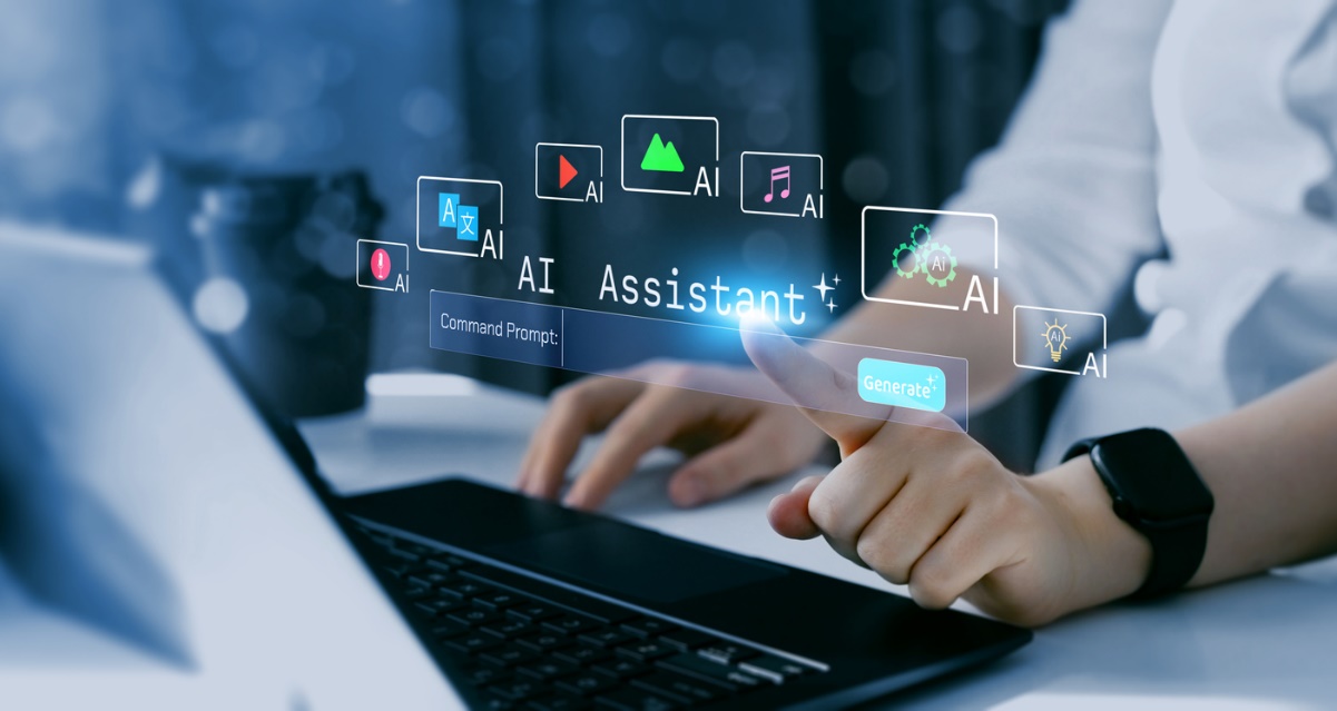 erson using laptop with AI assistant interface displaying command prompt and generate button.
