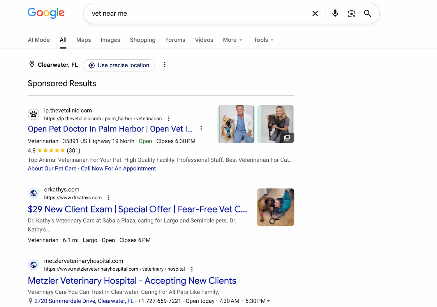 A screenshot of a web page with vet near me as the search term