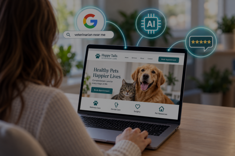 Woman looking at Veterinary Website on computer