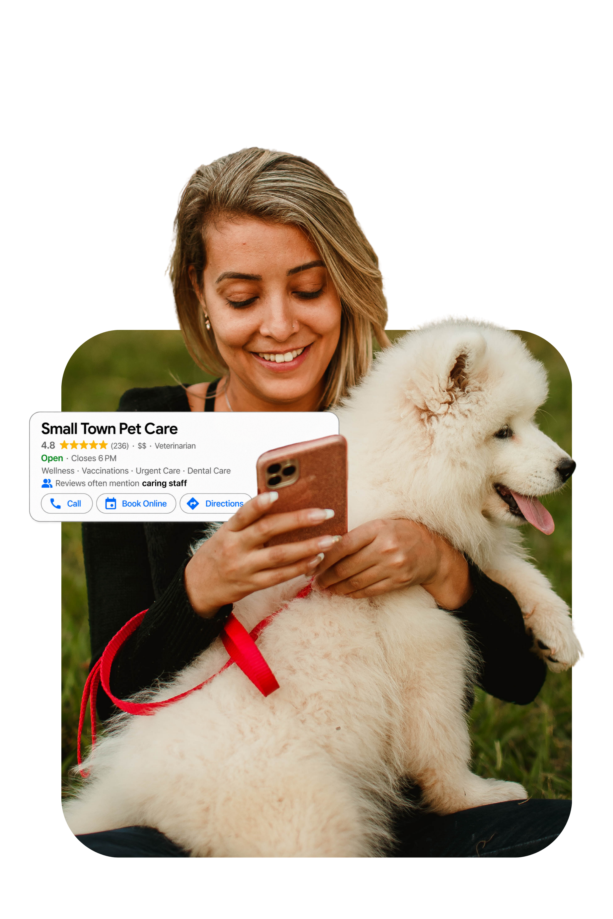 Woman on phone with her dog looking at veterinary ad